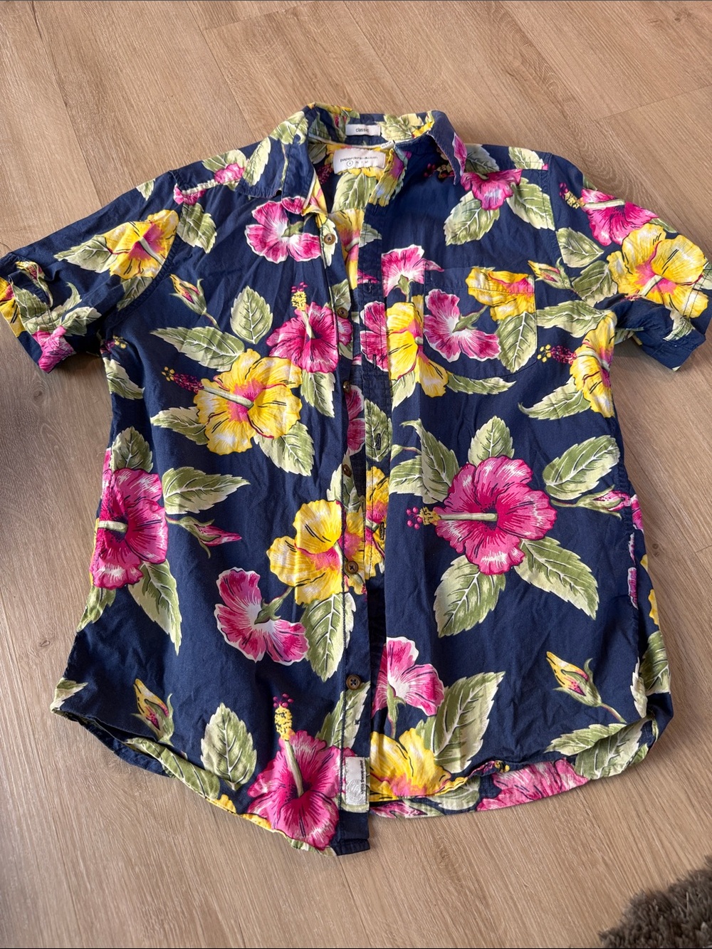 Paper Denim & Cloth Navy Hawaiian Shirt with Pink & Yellow Floral Print